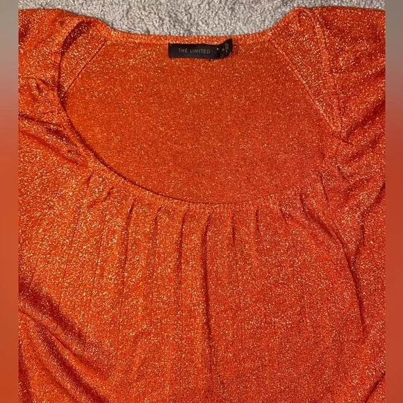 The Limited Women’s Shimmery Metallic Orange Short Sleeve Blouse Party Top Med - Picture 2 of 9